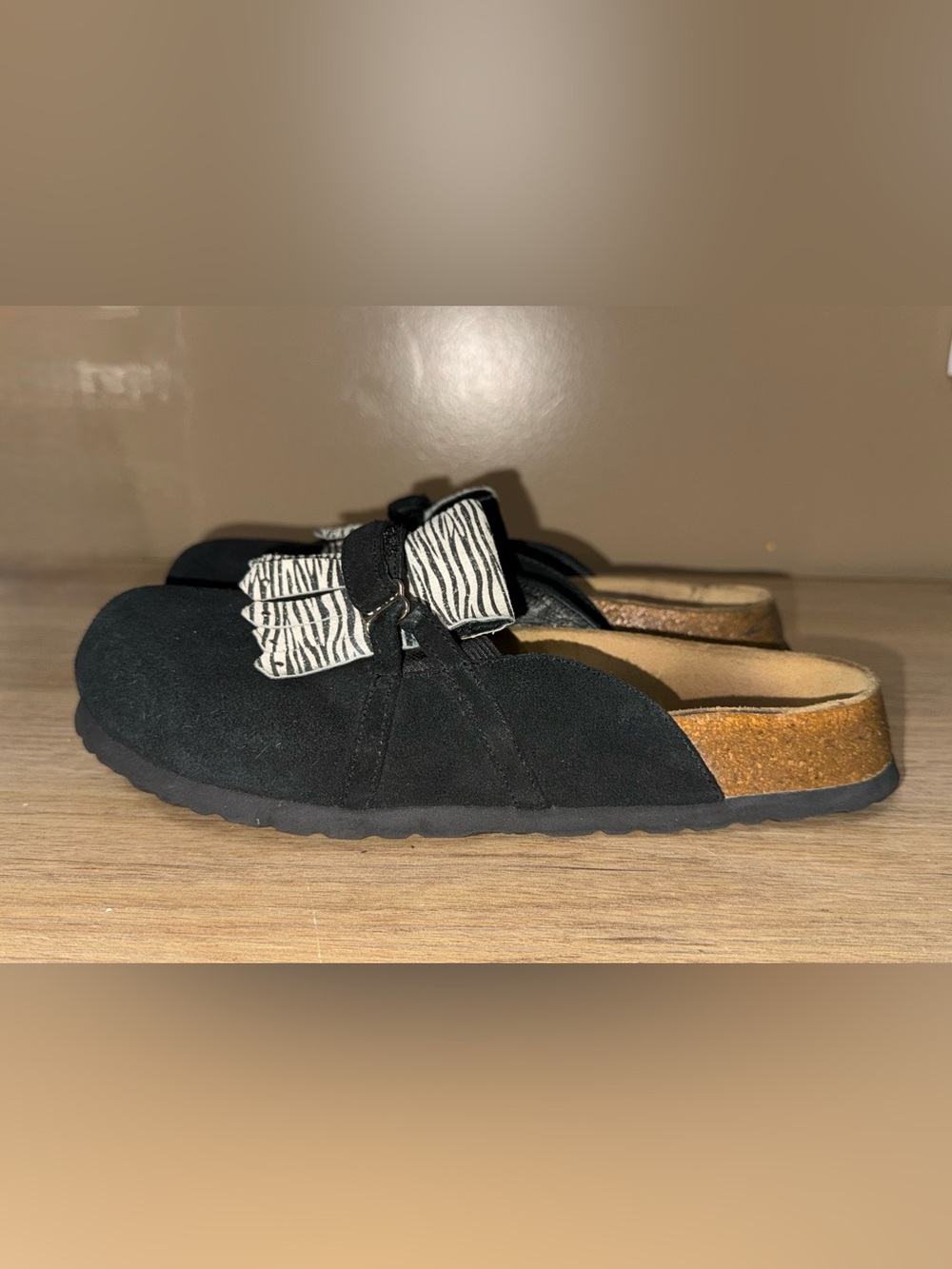BETULA BY BIRKENSTOCK Black Suede Slip-On Shoes with Zebra Fringe. Size 7.